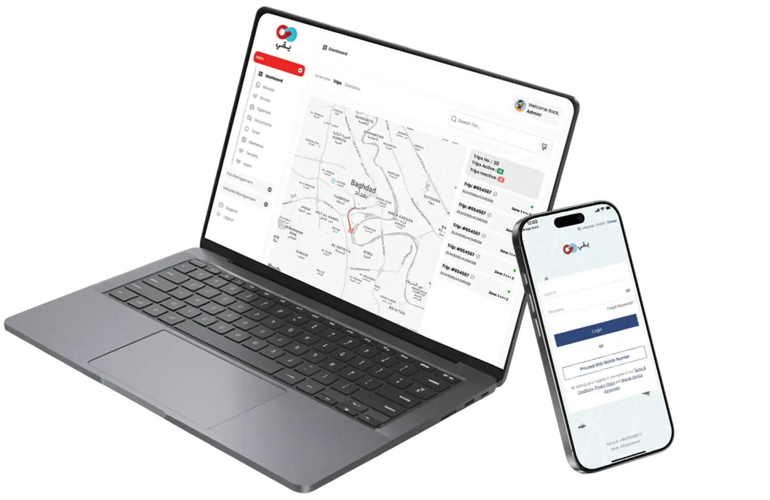 The Yamme platform on a laptop, showing vehicle trips on a map of Baghdad, with the Yamme app on a phone
